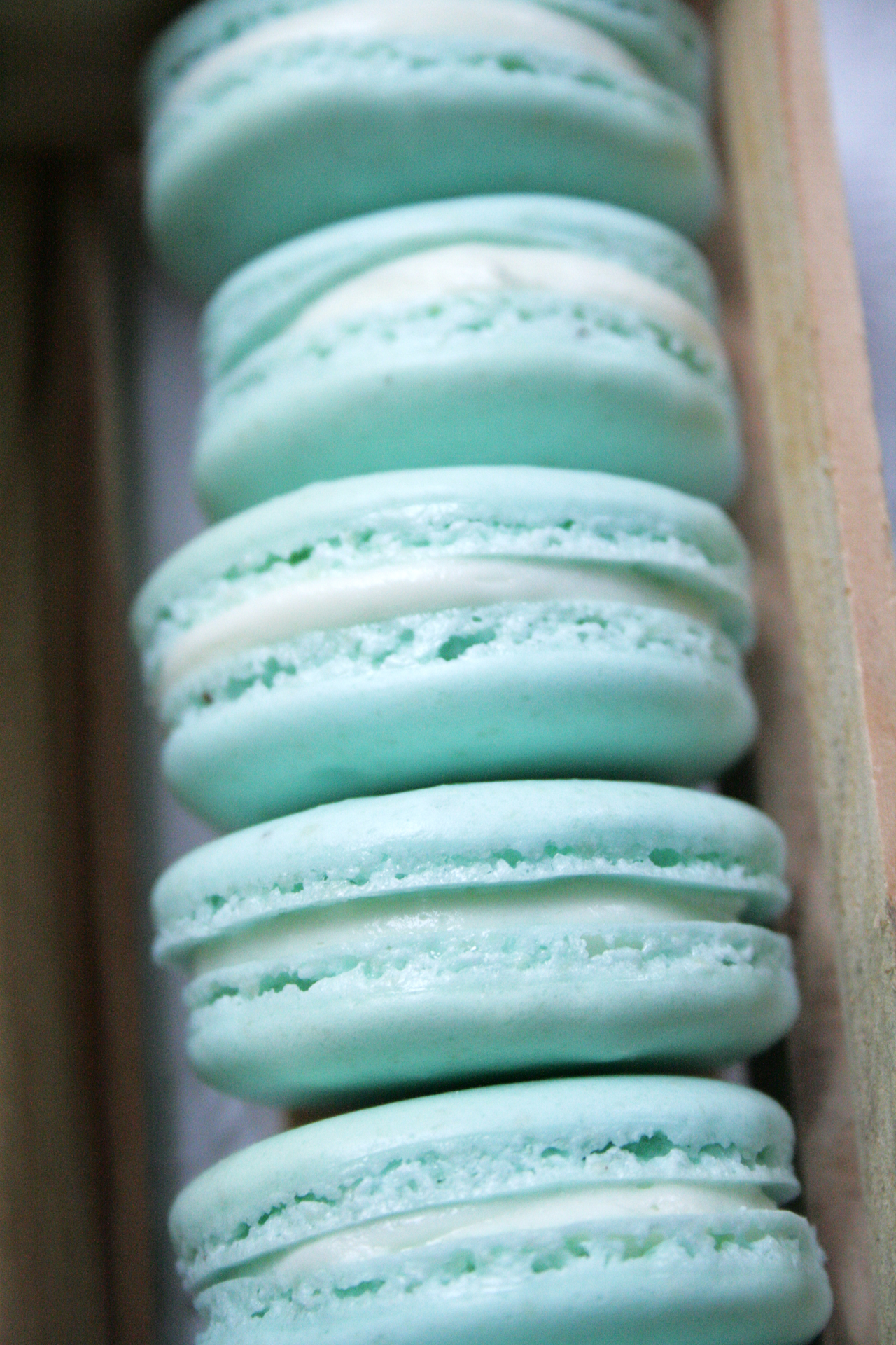 Box of Pastel Blue Macarons Close