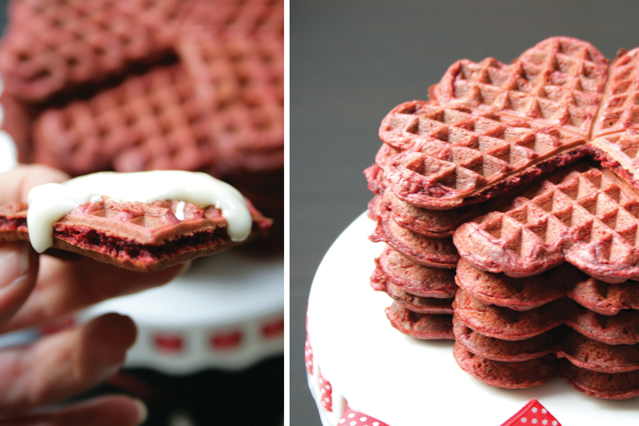 Red Velvet Waffles with Cream Cheese Syrup